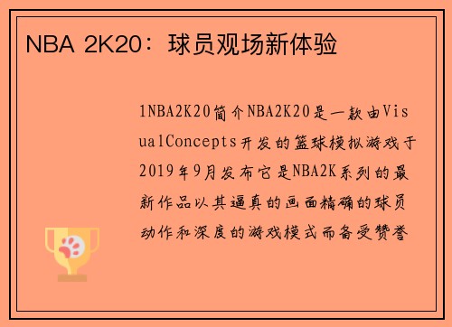 NBA 2K20：球员观场新体验